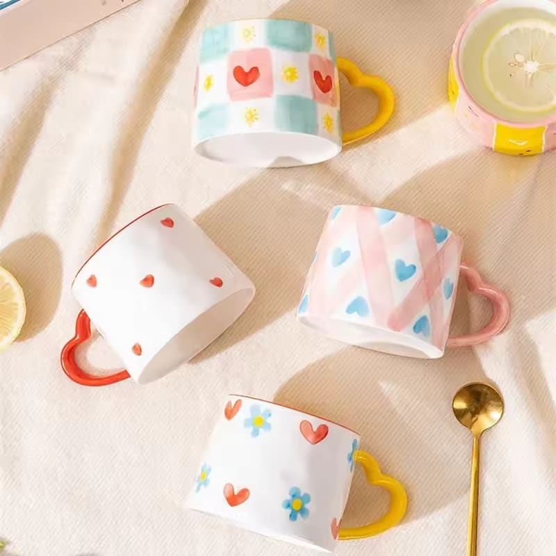 Cute INS style Ceramic Mug Creative Hand-Painted Love Heart Coffee Cup Couples Cup Breakfast Milk tea Mug Valentine's Day Gift